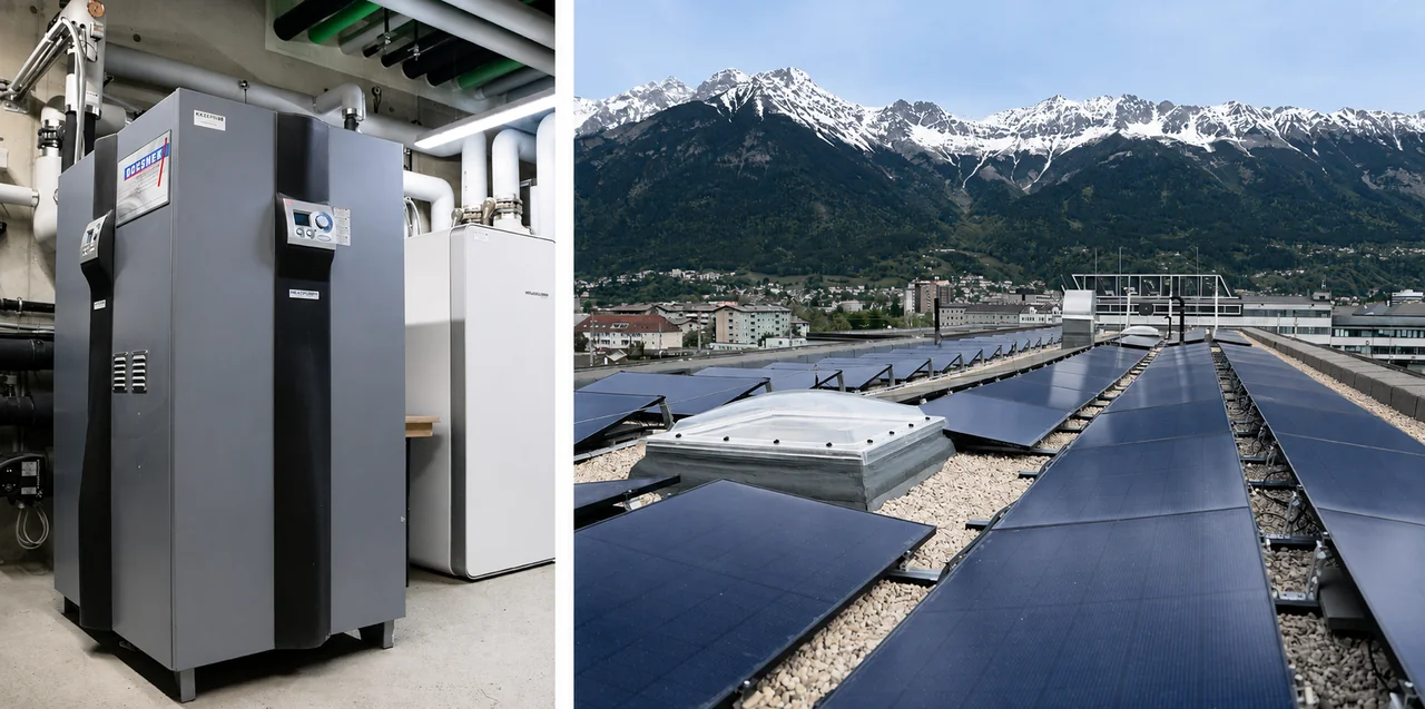 Wärmepumpe und Photovoltaikanlage auf dem Dach von STASTO in Innsbruck